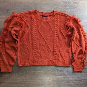 Rock & Roll Denim Fringe Cable Knit Sweater – L